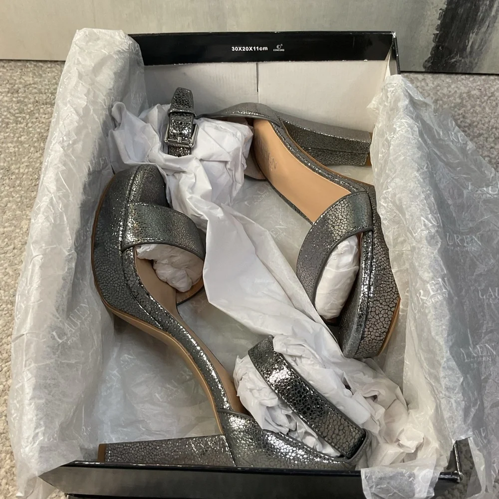 Lauren Ralph Lauren Sylvia Platform Sandals in Faux Metallic Python Grey 5.5 NIB